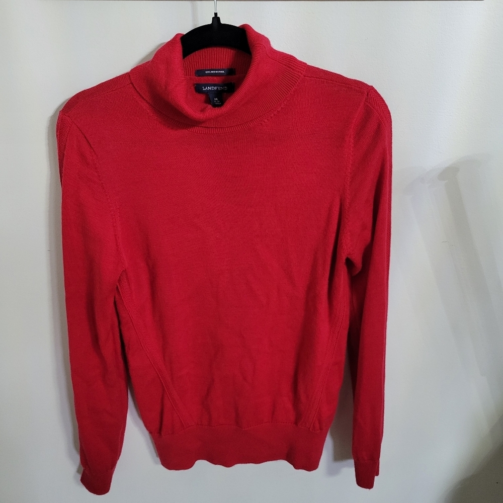 Lands' End Red Women's Turtle Neck 100% Merino Wool Sweater, Size M